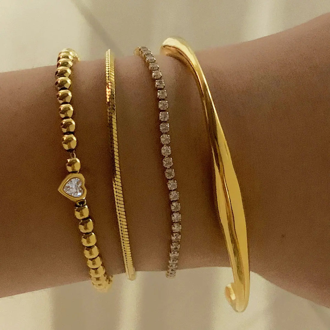Stainless Steel Stackable Beaded Heart Bracelet Set | Layered Heart Charm Jewelry
