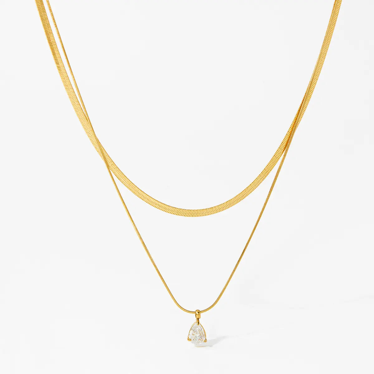Stainless Steel Double-Layer Necklace with Teardrop Cubic Zirconia Pendant