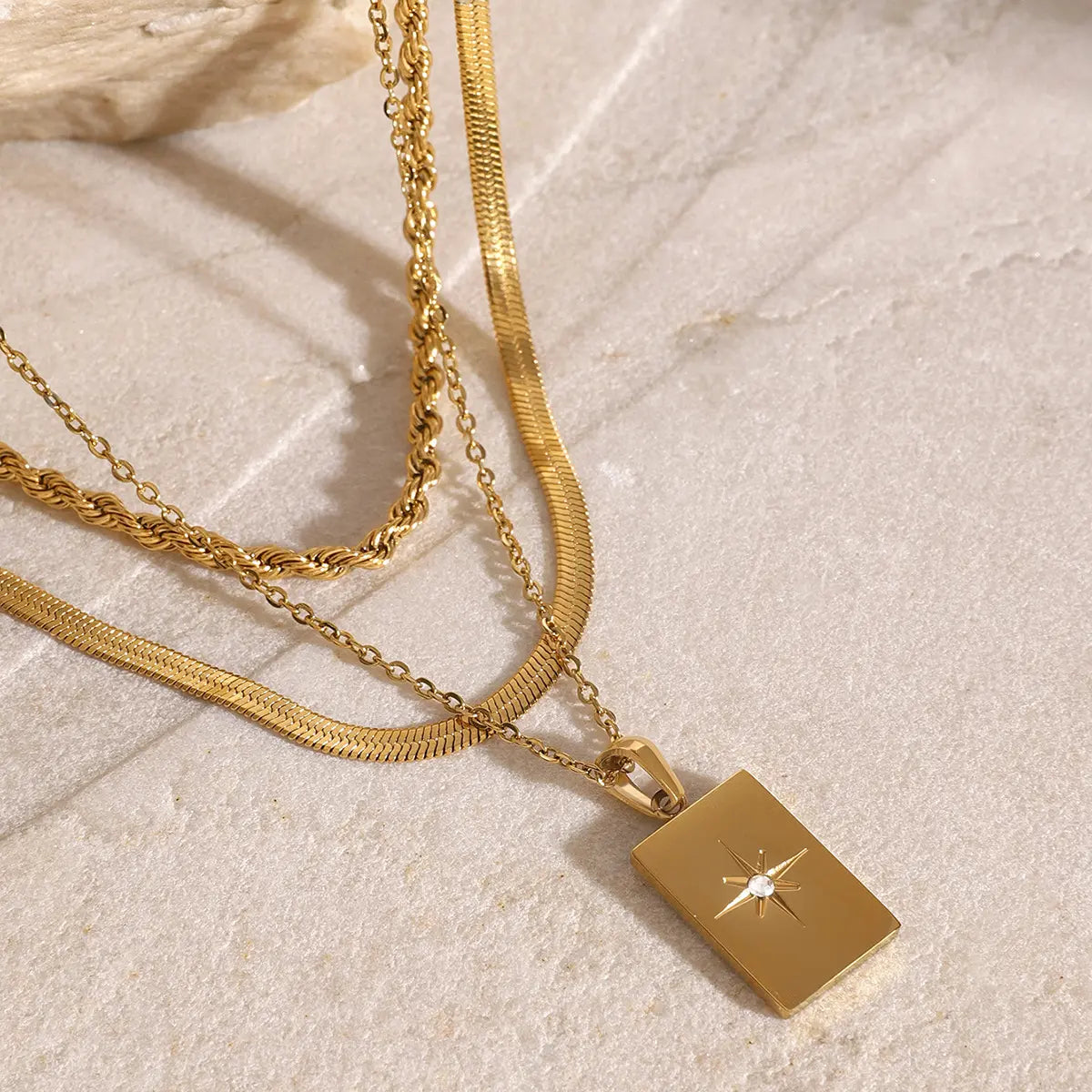 Stainless Steel Triple-Layer Star & Square Hollow Pendant Necklace