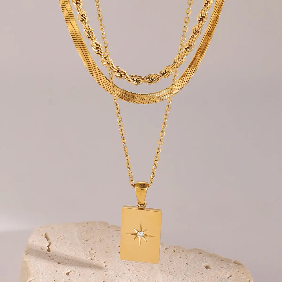 Stainless Steel Triple-Layer Star & Square Hollow Pendant Necklace