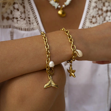 18K Gold-Plated Stainless Steel Starfish, Shell & Conch Charm Bracelet