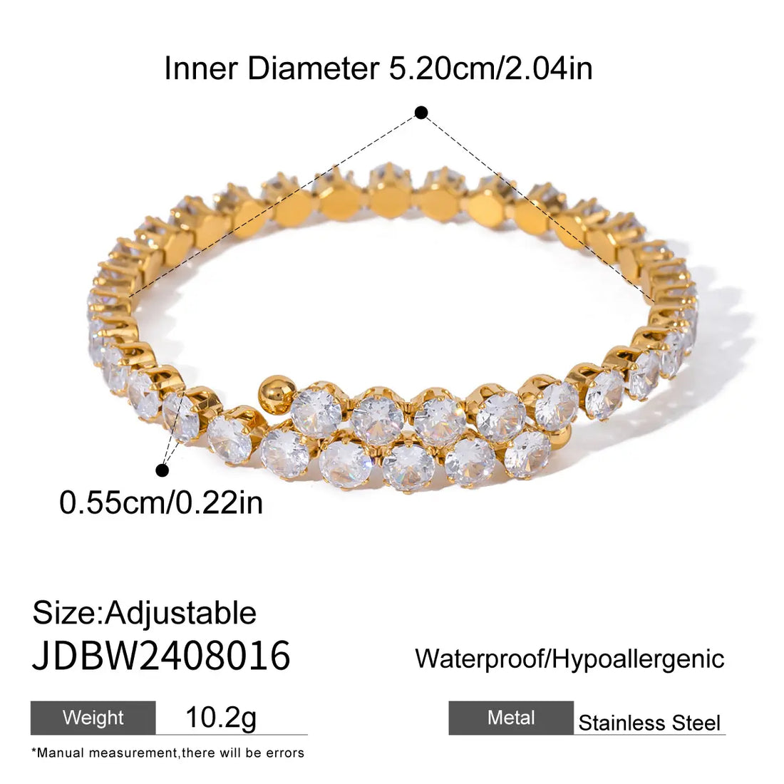 Open Cuff Stainless Steel Cubic Zirconia Bracelet