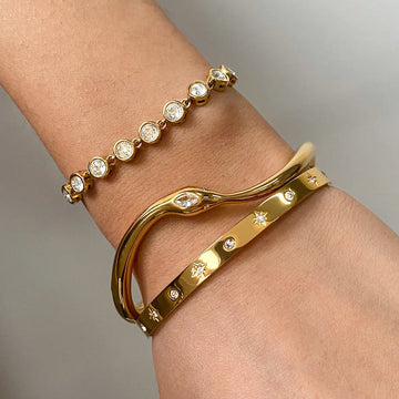 Stainless Steel Snake Cuff Bracelet with White Cubic Zirconia