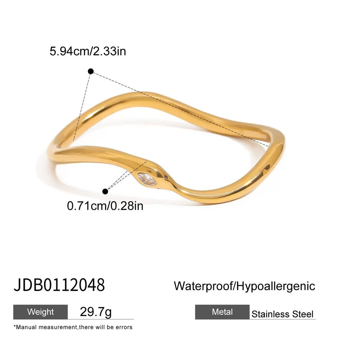 Stainless Steel Snake Cuff Bracelet with White Cubic Zirconia