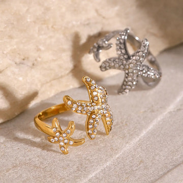 Stainless Steel Paved Starfish Open Ring
