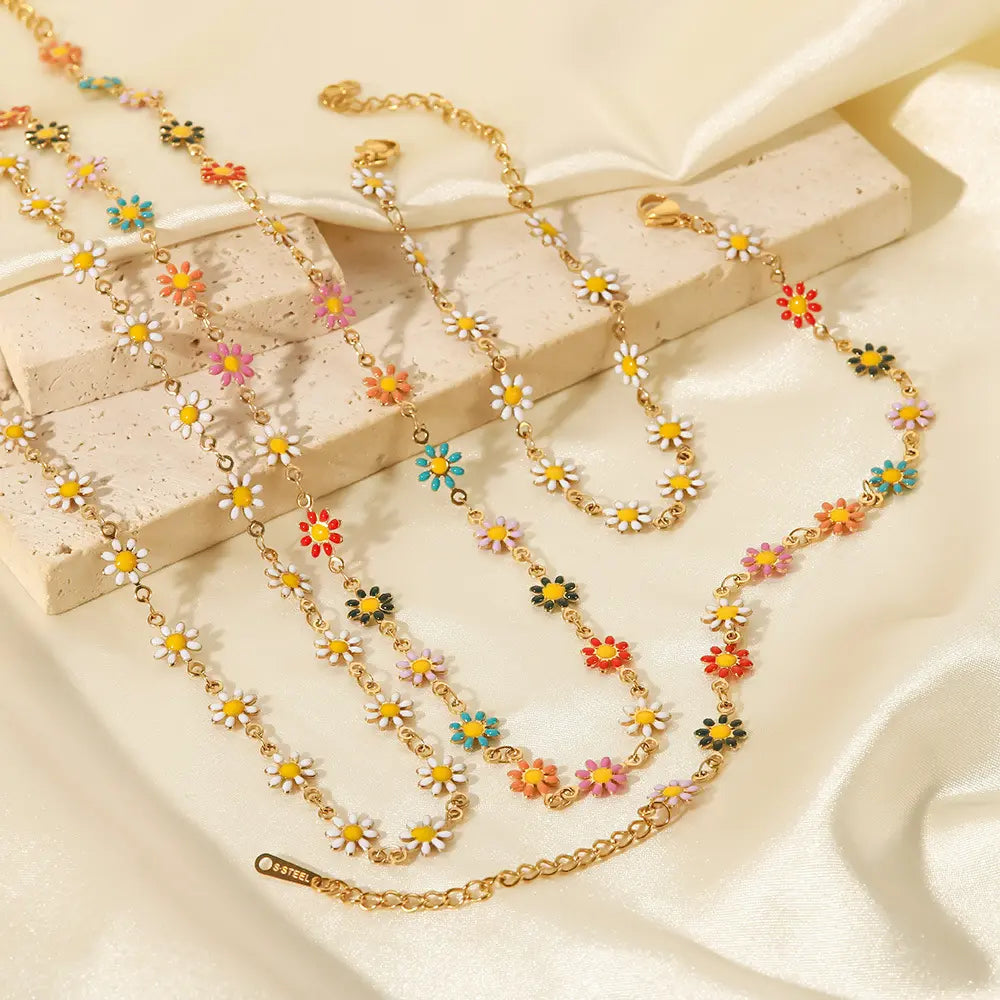 18K Gold Plated Stainless Steel Daisy Necklace & Bracelet – White & Multicolor Enamel