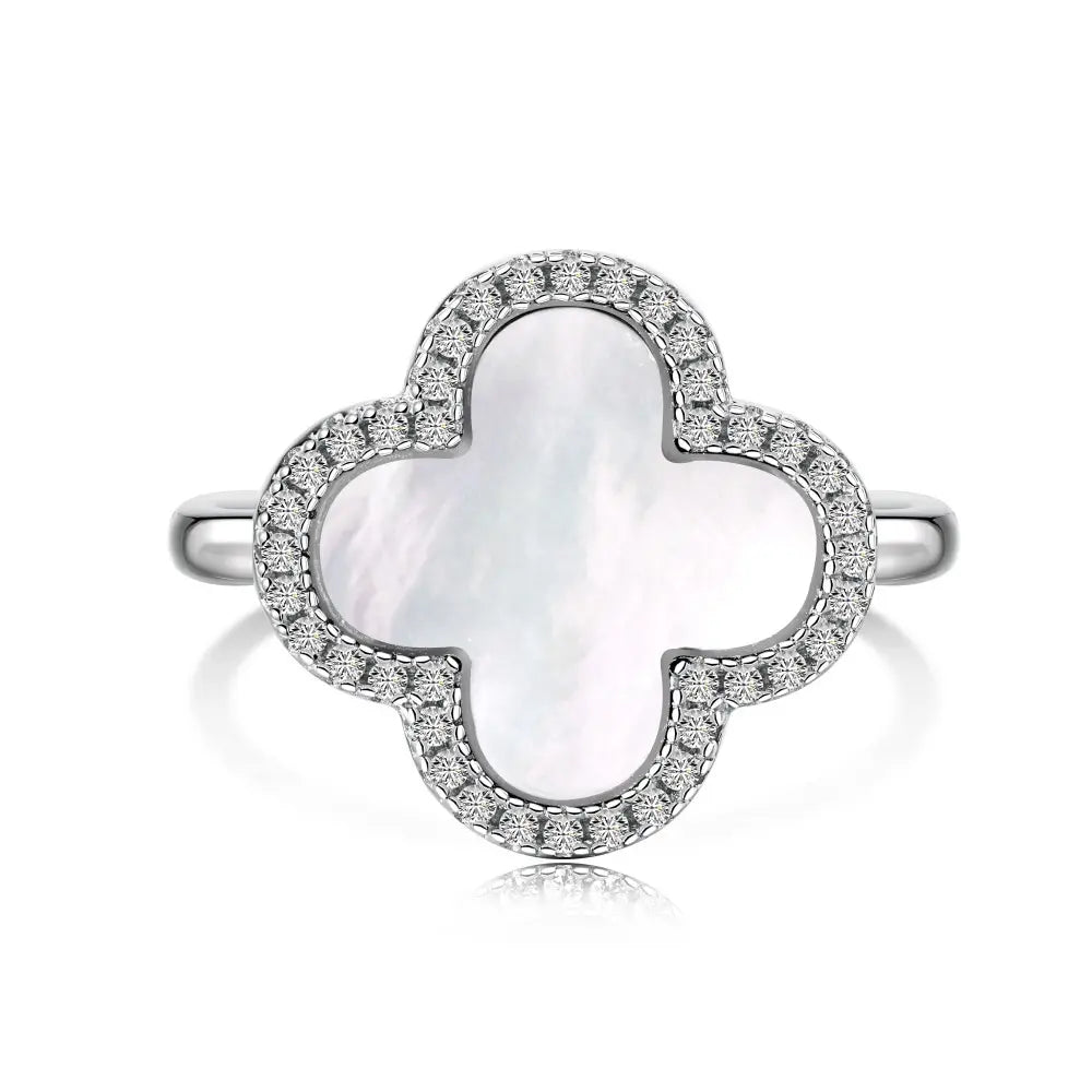 925 Sterling Silver Heart & Four-Leaf Clover 5A Cubic Zirconia Ring- White & Black