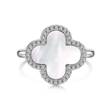 925 Sterling Silver Heart & Four-Leaf Clover 5A Cubic Zirconia Ring- White & Black