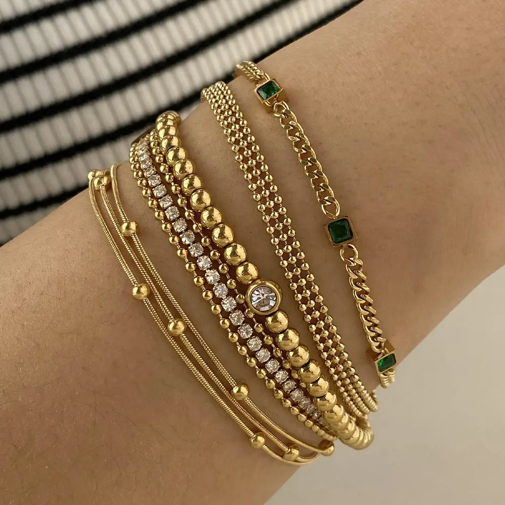 PVD-Plated Stainless Steel Stackable Bracelet with Gold Bead Chain