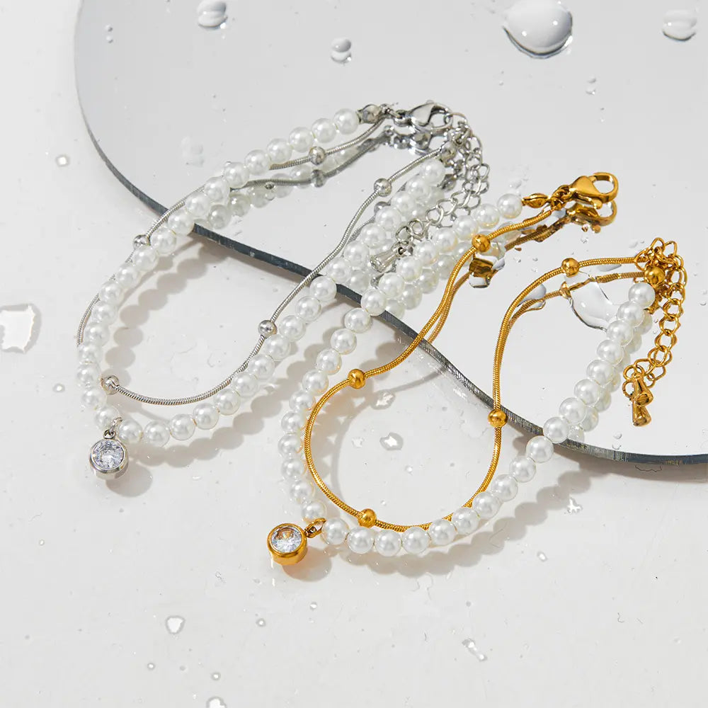 Gold & Silver-Plated Stainless Steel Double-Layer Shell Pearl Bracelet